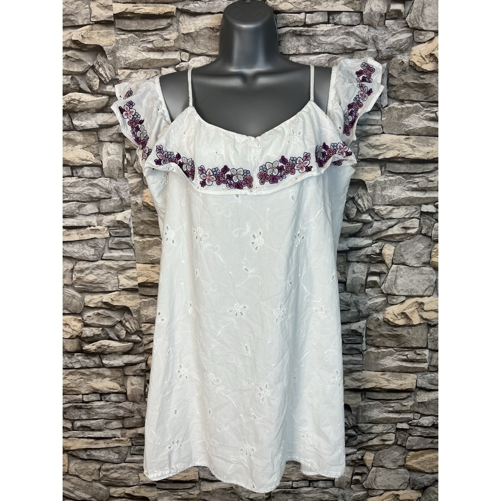 Express Cold Shoulder White Eyelet Embroidered Ruffle Shift Dress Sz L Cotton